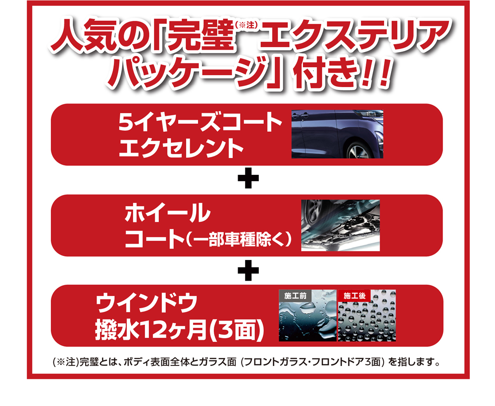 人気の「完璧エクステリアパッケージ」付き!!「5イヤーズコートエクセレント」＋「ホイールコート(一部車種除く)」＋「ウインドウ撥水12ヶ月 (3面)」