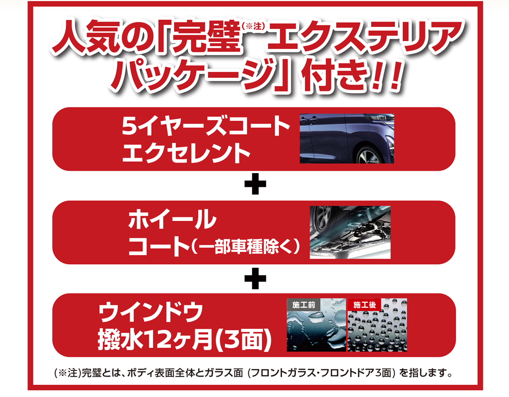 人気の「完璧エクステリアパッケージ」付き!!「5イヤーズコートエクセレント」＋「ホイールコート(一部車種除く)」＋「ウインドウ撥水12ヶ月 (3面)」