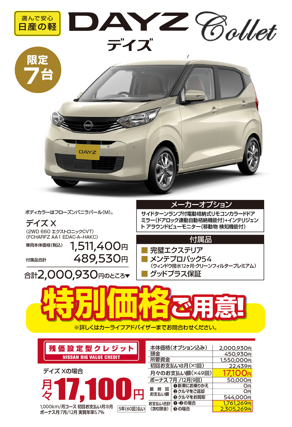 日産の軽DAYZ（デイズ）限定7台／ボディカラーはフローズンバニラパール(M)。／デイズ X(2WD 660 エクストロニックCVT)／●メーカーオプション：サイドターンランプ付電動格納式リモコンカラードドア ミラー(ドアロック連動自動格納機能付)+インテリジェン トアラウンドビューモニター(移動物 検知機能付)／●付属品：・完璧エクステリア・メンテプロパック54(ウィンドウ撥水12ヶ月・クリーンフィルタープレミアム) ・グッドプラス保証／★車両本体価格(税込)：1,511,400円＋付属品合計：489,530円＝合計2,000,930円のところ特別価格ご用意!