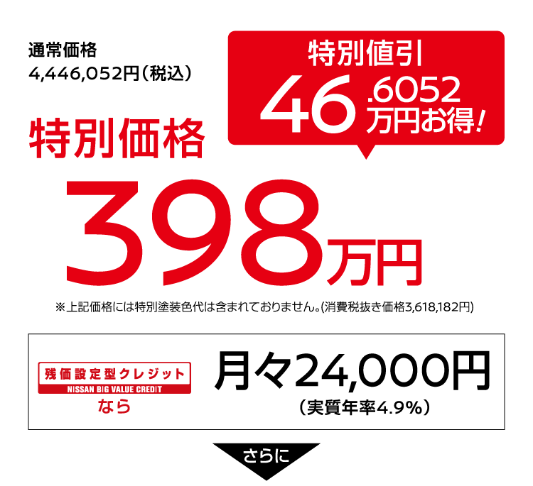 特別価格398万円（特別値引：46.6052万円お得！）